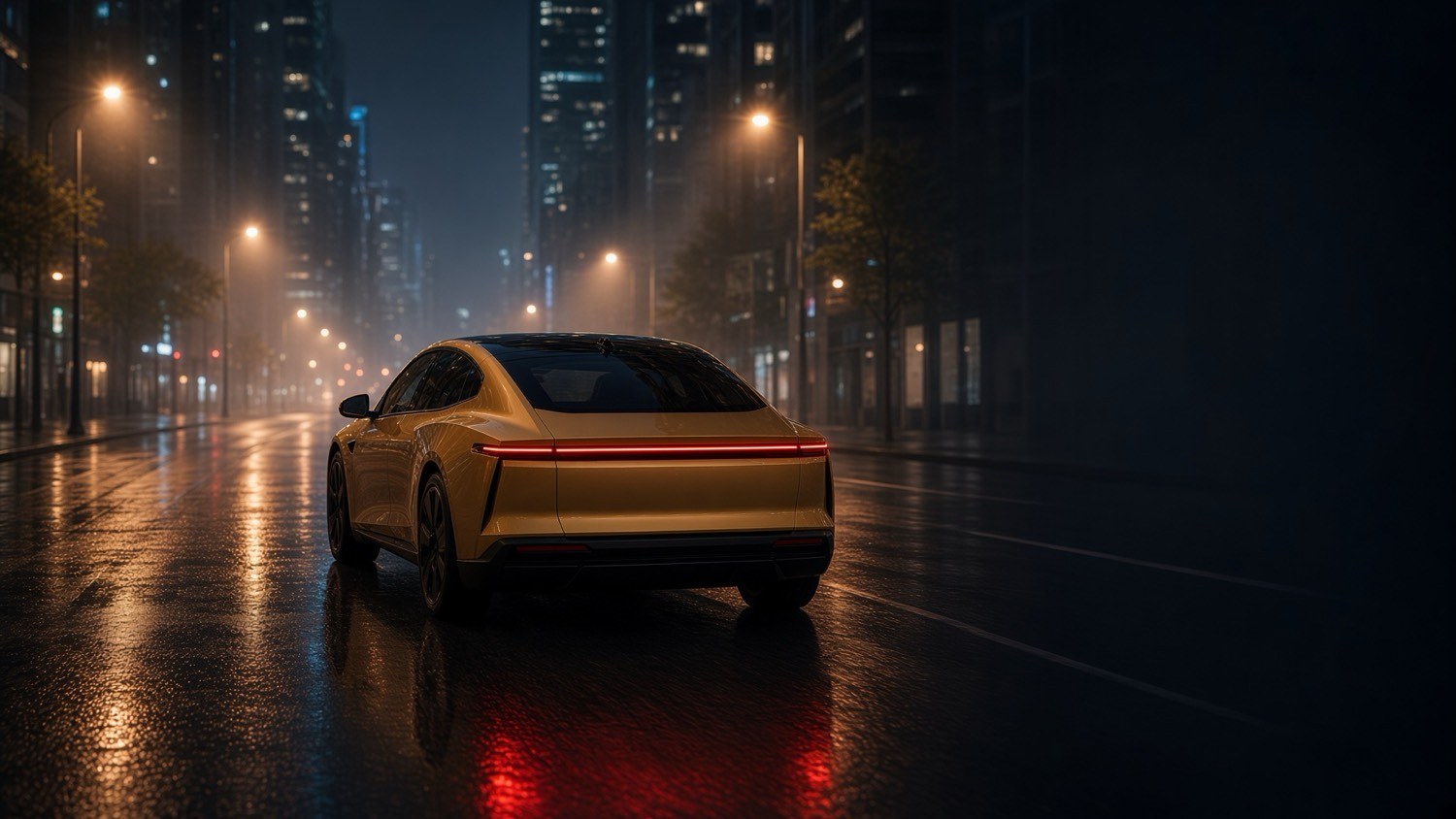 Champagne-gold electric sedan on a rain-slicked city street at night